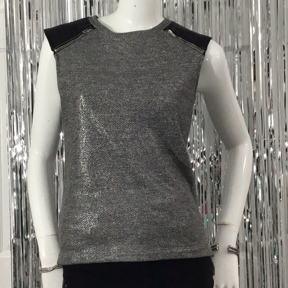 Bebe Gunmetal Shine Zip Shoulder Fashion Top